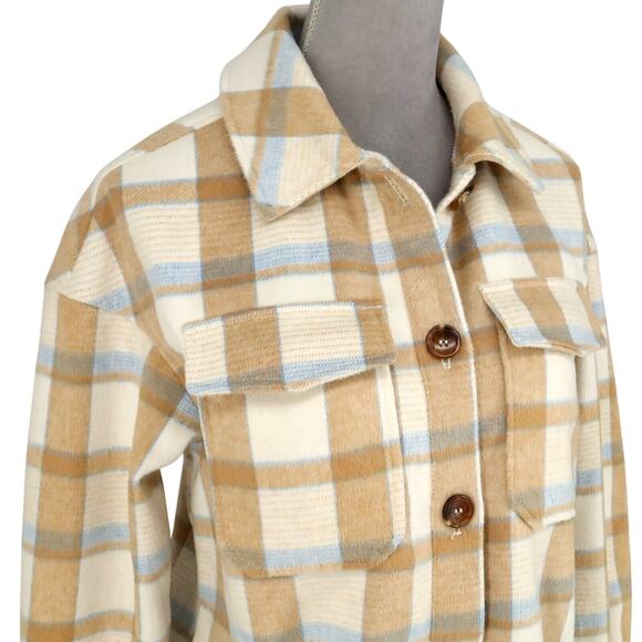 Avec Les Filles Jacket Womens XS Beige Ivory Blue Plaid Flannel Top Shacket New - Picture 6 of 16